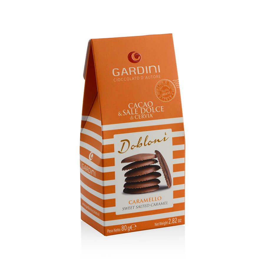 “Dobloni” sottili monete di cioccolato al latte con ripieno al caramello e una delicata nota di sale dolce