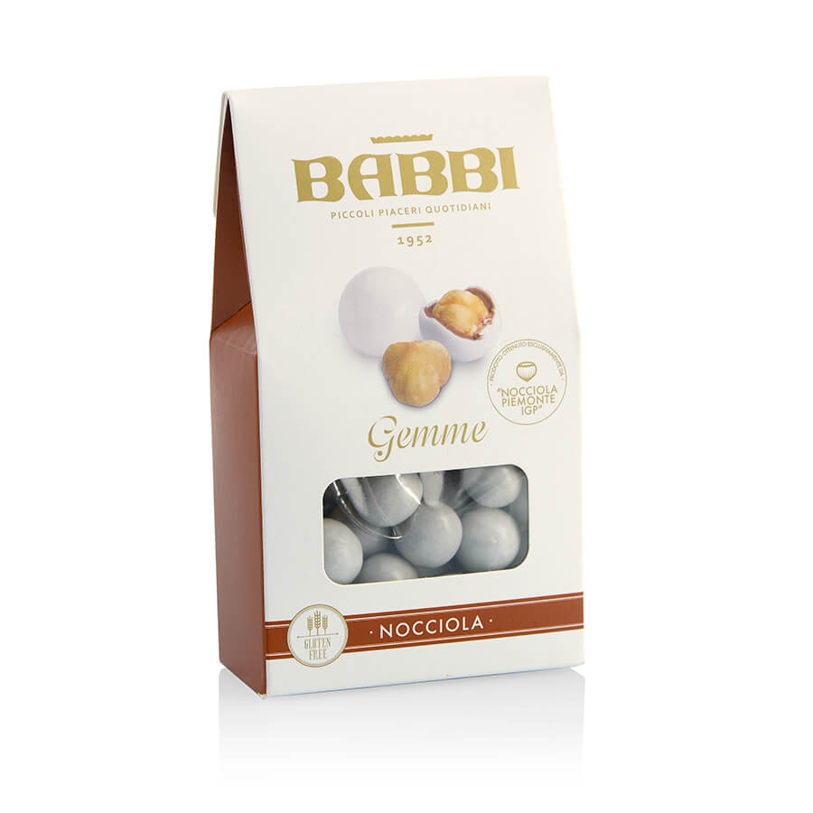 Gemme alla Nocciola Piemonte IGP ric di Cioccolato Bianco astuccio g 100 Babbi gluten free