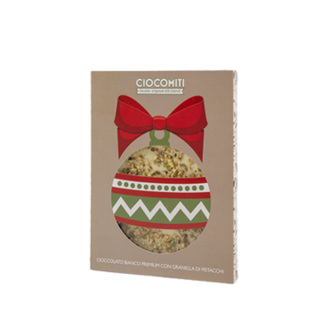 Lastra di cioccolato bianco premium a forma di pallina di Natale, ricoperta di granella di pistacchi – Ciocomiti – Astuccio g 130
